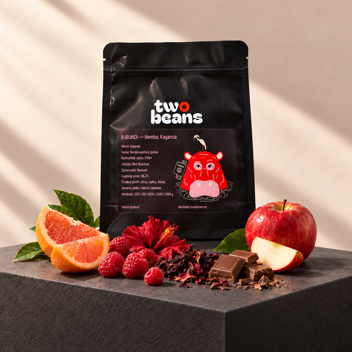 Sáček kávy Two Beans Burundi – Nemba, Kayanza s citrusem, malinami, ibiškem, červeným jablkem a mléčnou čokoládou