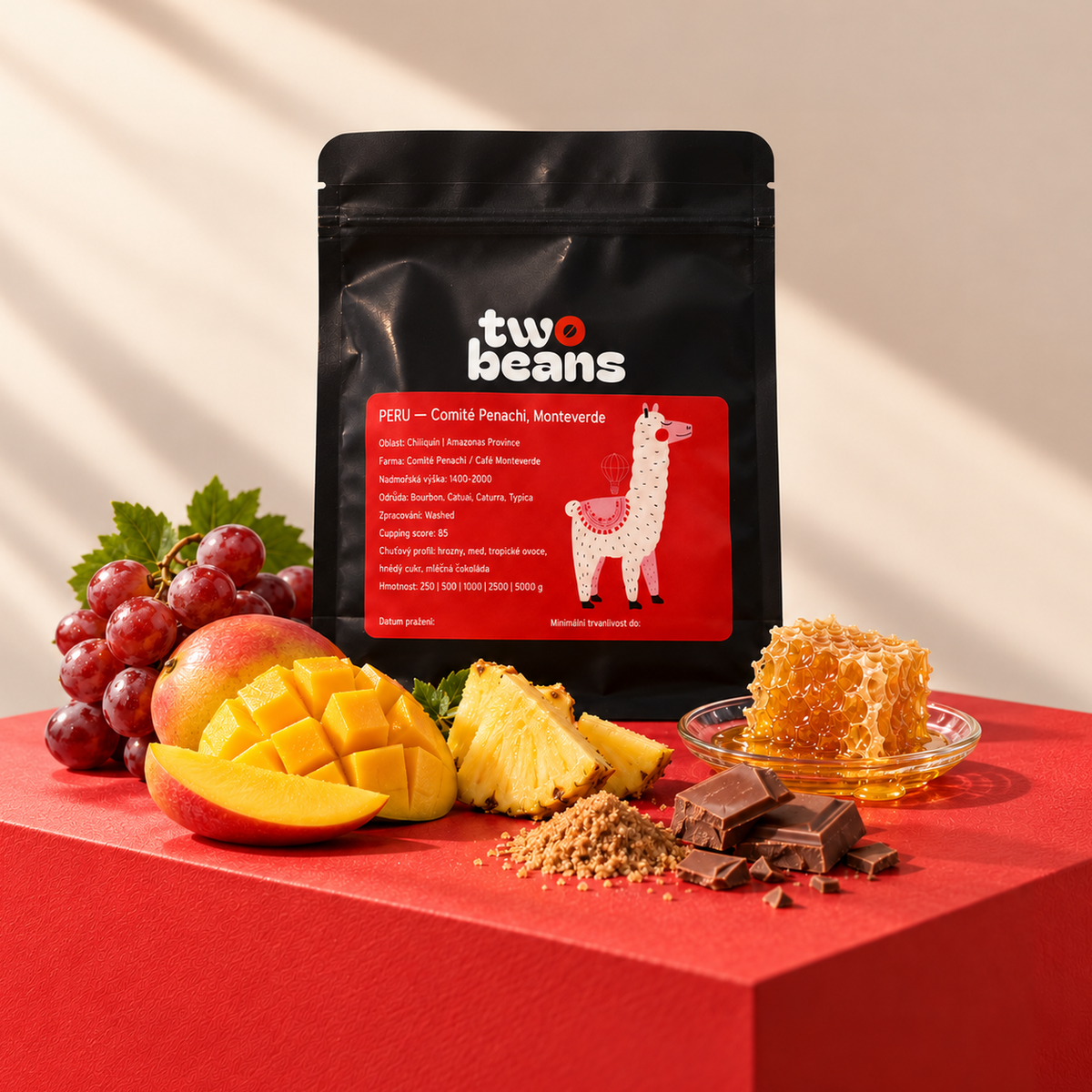 Sáček kávy Two Beans Peru – Comité Penachi, Monteverde s hrozny, medem, tropickým ovocem, hnědým cukrem a mléčnou čokoládou